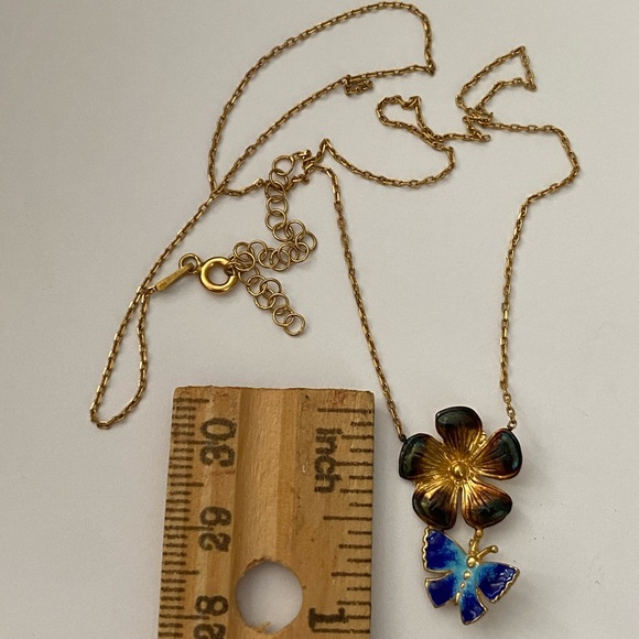 925 Silver blue enamel butterfly flower necklace yellow gold plated - Picture 2 of 4